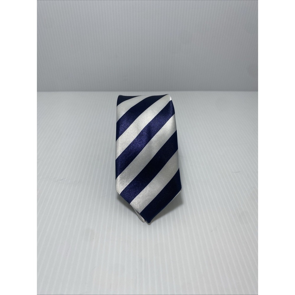 Vintage Navy Silver Striped Silk‎ Tie Classic Skinny Tie T60